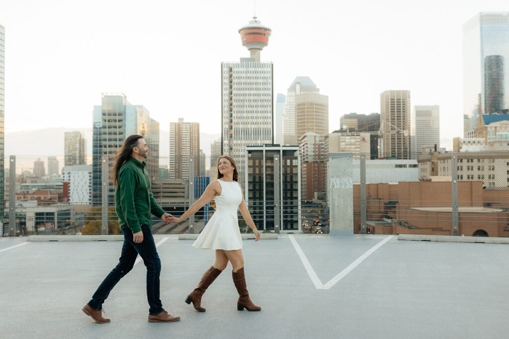 A couple their downtown calgary engagement session