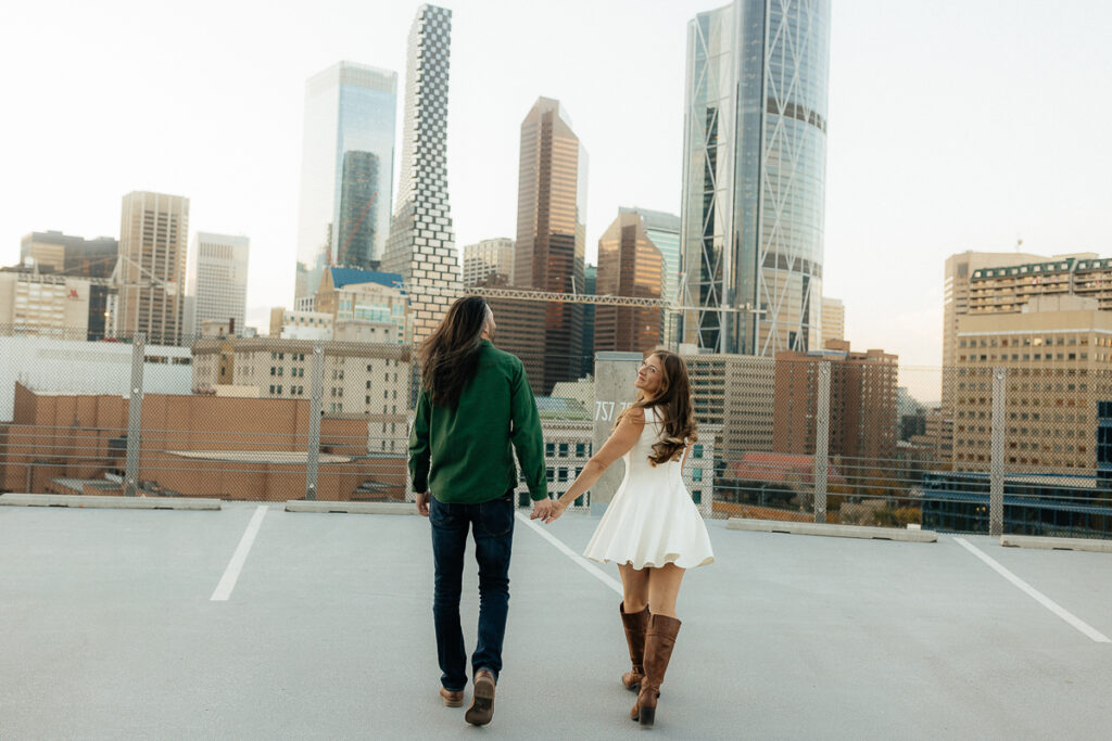 A couple their platform parkade engagement session