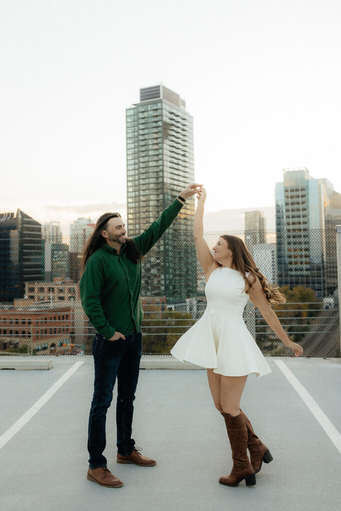 A couple their platform parkade engagement session