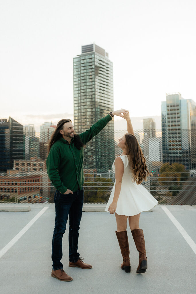 A couple their platform parkade engagement session